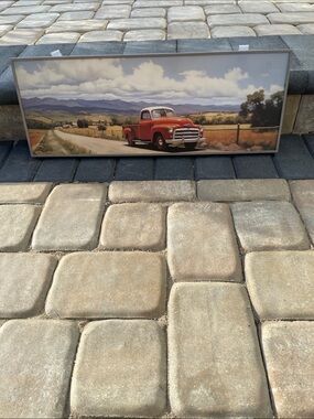 NWT Vintage Red Pickup Truck Landscape Wall Art with Wooden Frame - 25x9 Inches